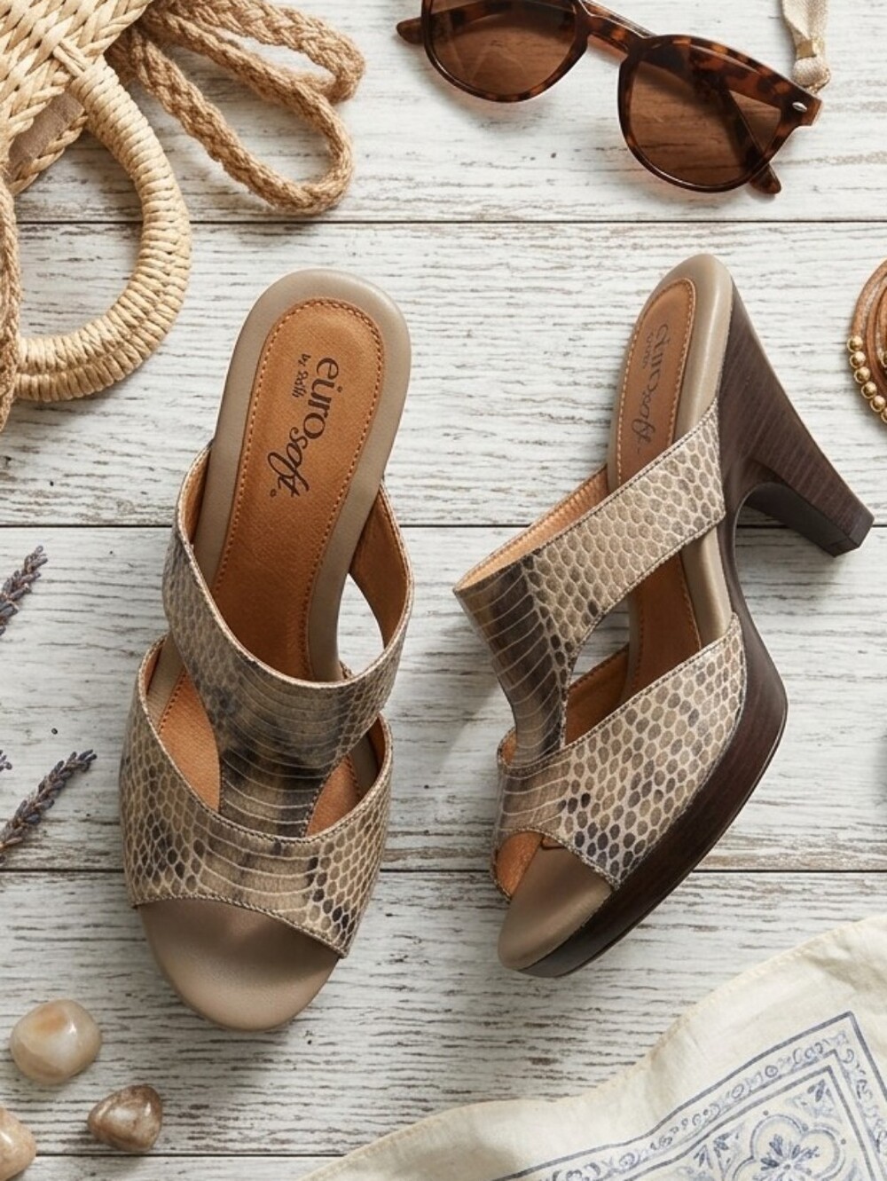 Eurosoft Taupe Snake-Print Slide Mules
